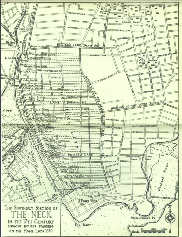 Map of the Southerly Portion of the Neck in the 17th Century showing houses standing on the home lots 1650.