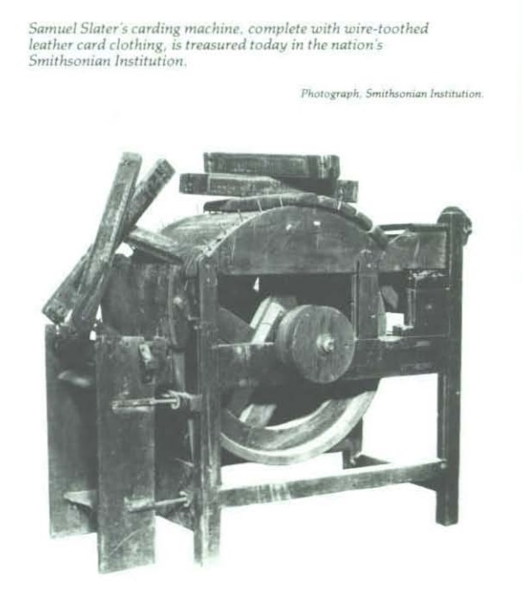 Photo of Samuel Slater’s carding machine, complete with wire-toothed leather card clothing.