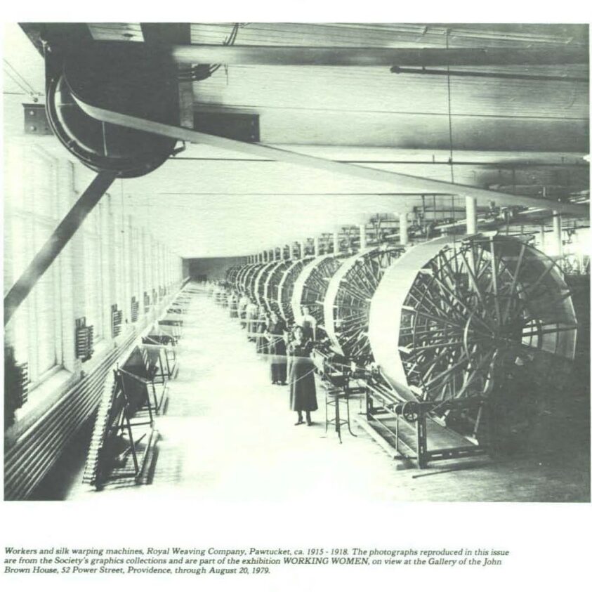 Photo of workers and silk warping machines of the Royal Weaving Co., Pawtucket ca. 1915-1918.