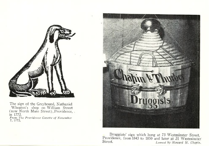 2 signboards, on left a Greyhound representing a shop and on right a lidded bucket for a Druggist