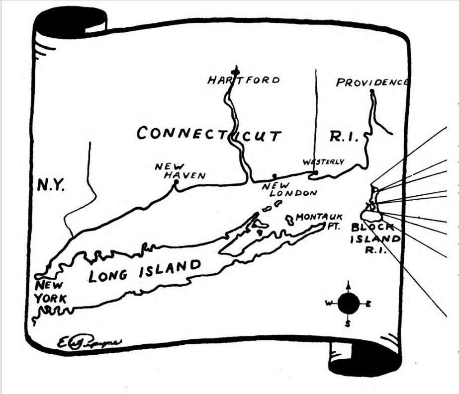 Map of the Long Island Sounds, lines radiating from Block Island