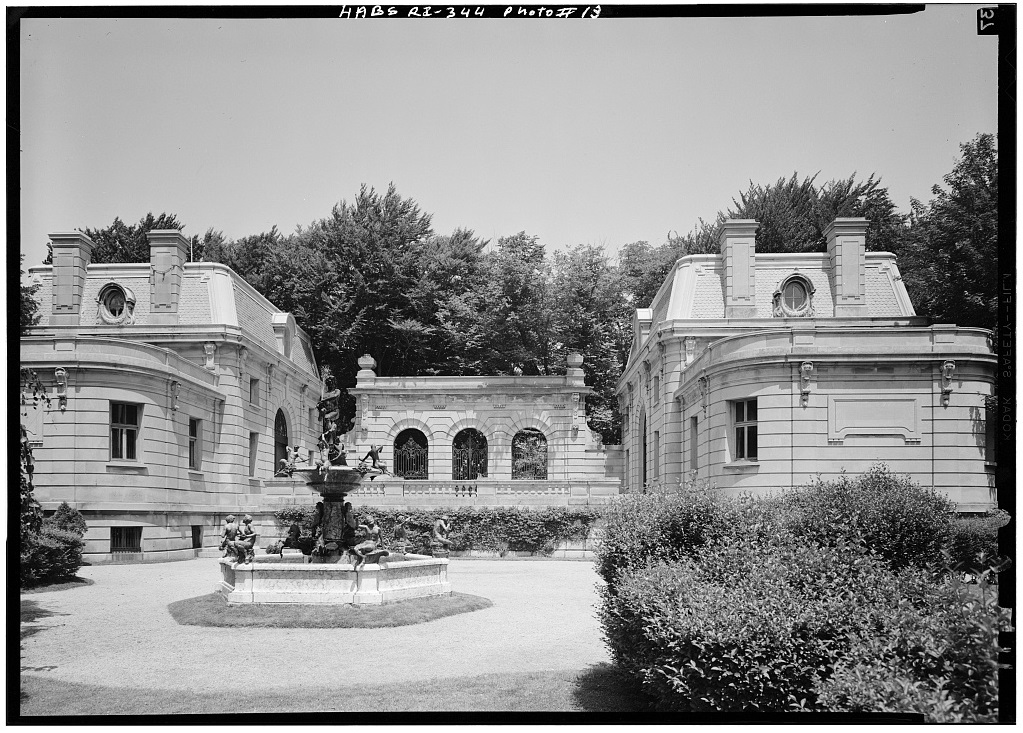 Black and white photo of the Newport Mansion the Elms