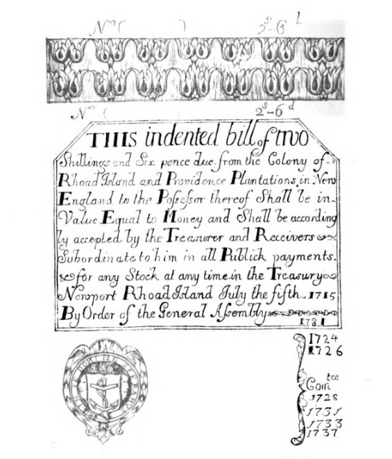 Indented bill of 2 shillings and 6 pence issued by the Colony of Rhode Island.
