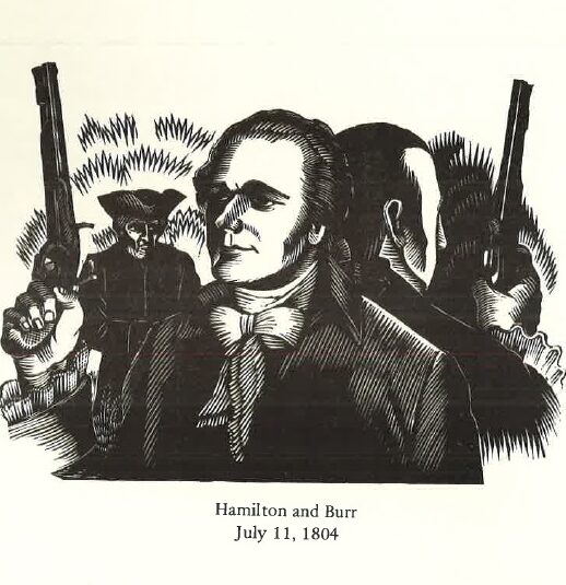Illustration of Hamilton and Burr at the start of their duel
