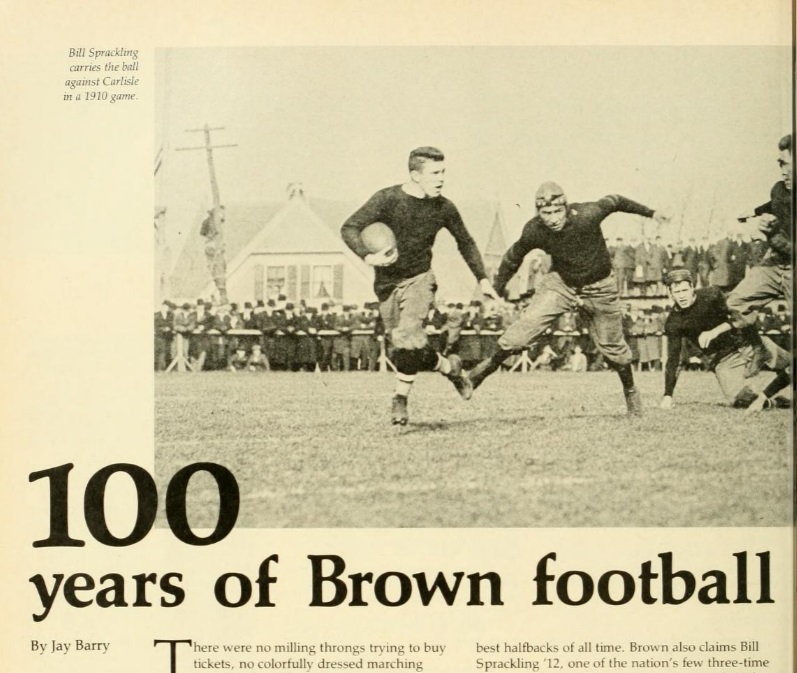 Title featuring a photo of Bill Sprackling carries the ball against Carlisle in a 1910 [football] game.