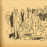 Illustration of immigrants and sailors waiting on a pier.