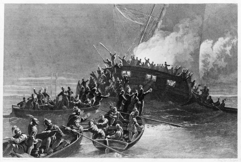 Black and white illustration of the burning of the schooner HMS Gaspee