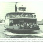 Passengers gather along the rails to enjoy a scenic cruise as the Governor Carr sets sail for Jamestown from Long Wharf in Newport circa 1930.