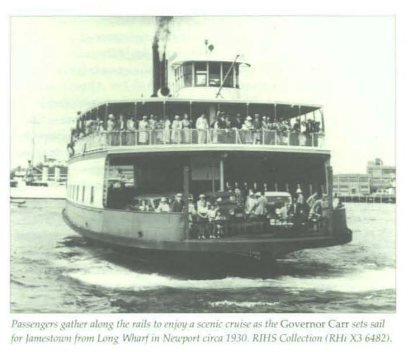 Passengers gather along the rails to enjoy a scenic cruise as the Governor Carr sets sail for Jamestown from Long Wharf in Newport circa 1930.