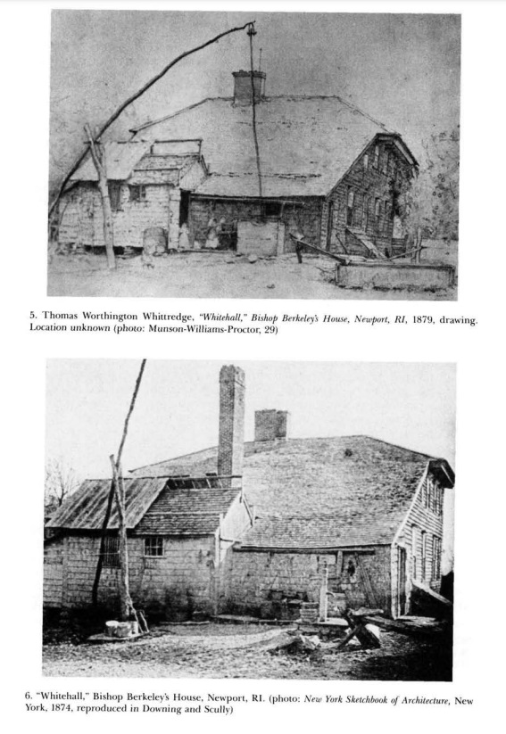 2 photos. Top: Thomas Worthington Whittredge, "Whitehall," Bishop Berkeley's House, Newport, RI, 1879, drawing. Bottom: "Whitehall," Bishop Berkeley's House, Newport, RI, 1874.