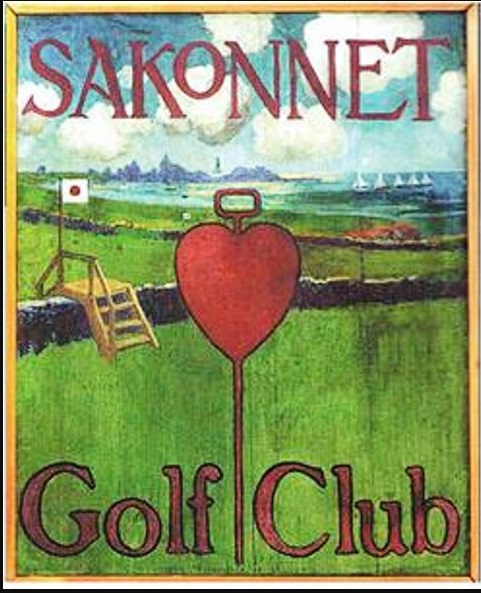 Painting of the Sakonnet Golf Club course. Prominently features a red heart-shape on a thin red pole.