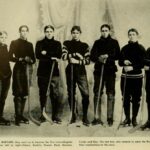 After beating Harvard, they went on to become the first intercollegiate hockey champions; left to right— Steere, Bucklin, Pevear, Hunt, Barrows, Cooke and Day. The last two, who teamed to score the first goal, contribute their recollections to this story.