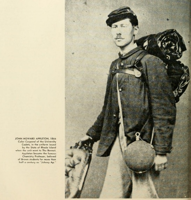 Photo of John Howard Appleton, 1864 Color Corporal of the University Cadets, in the uniform issued by the State of Rhode Island when the unit went to The Bonnet. Appleton became the famous Chemistry Professor, beloved of Brown students for more than half a century as "Johnny Ap."