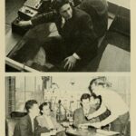 Louis Block and Shenwin Drury '41 (top) provide live, remote coverage of a Brown sailboat race. Below, the first "gas pipe" station in George Abraham's dorm room. From left, David Borst, Joseph Parnicky, Abraham, and an unidentified student.