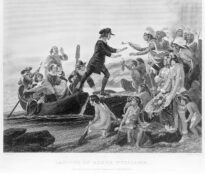 Depiction of Roger Williams landing in Providence, being welcomed by the Narragansett