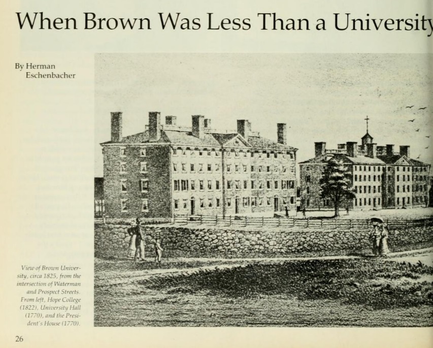 View of Brown University, circa 1825, from the intersection of Waterman and Prospect Streets.