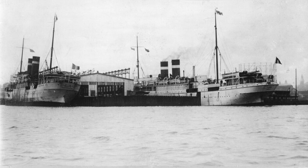 Photo of a docked steamship of the Fabre Line