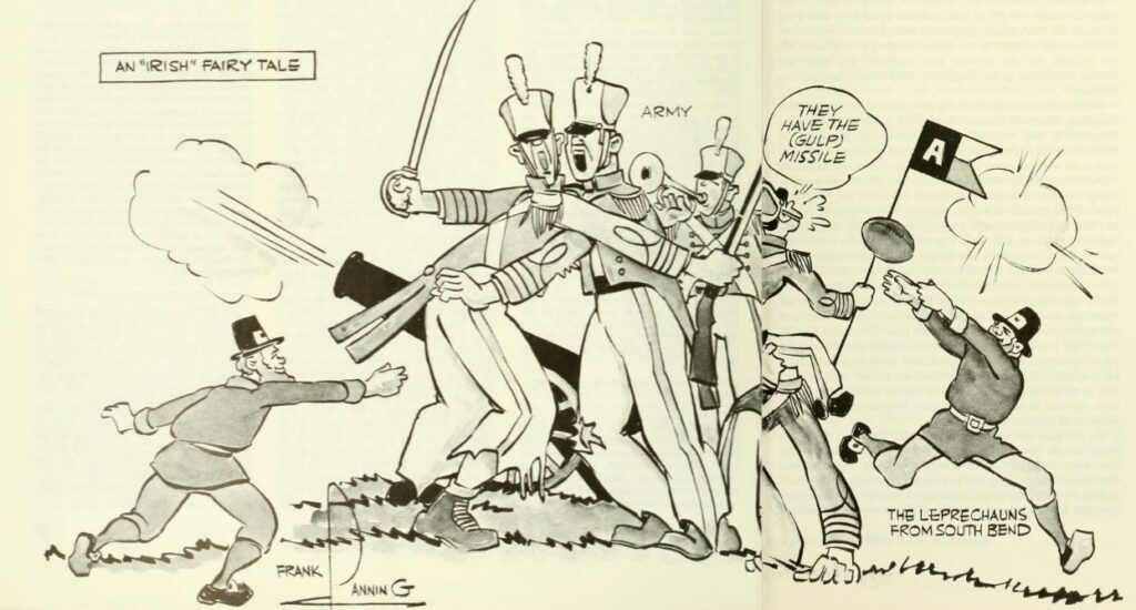 Cartoon depicting the famous football game between Notre Dame "Fighting Irish" and United States Military Academy "Army".