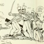 Cartoon depicting the famous football game between Notre Dame "Fighting Irish" and United States Military Academy "Army".