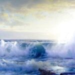 Image is of William Trost Richards' painting named "Newport Coast 2". Waves breaking on the coast with the sun low in the sky at dawn.