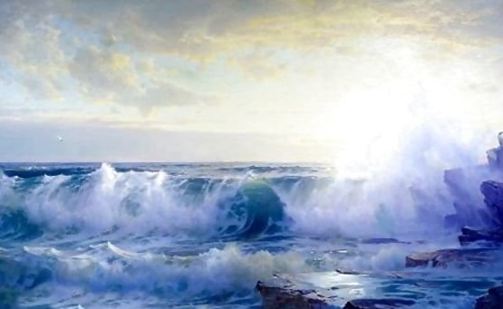 Image is of William Trost Richards' painting named "Newport Coast 2". Waves breaking on the coast with the sun low in the sky at dawn.