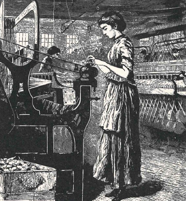 Image of a woman standing at a bobbin winder taken from the article. s