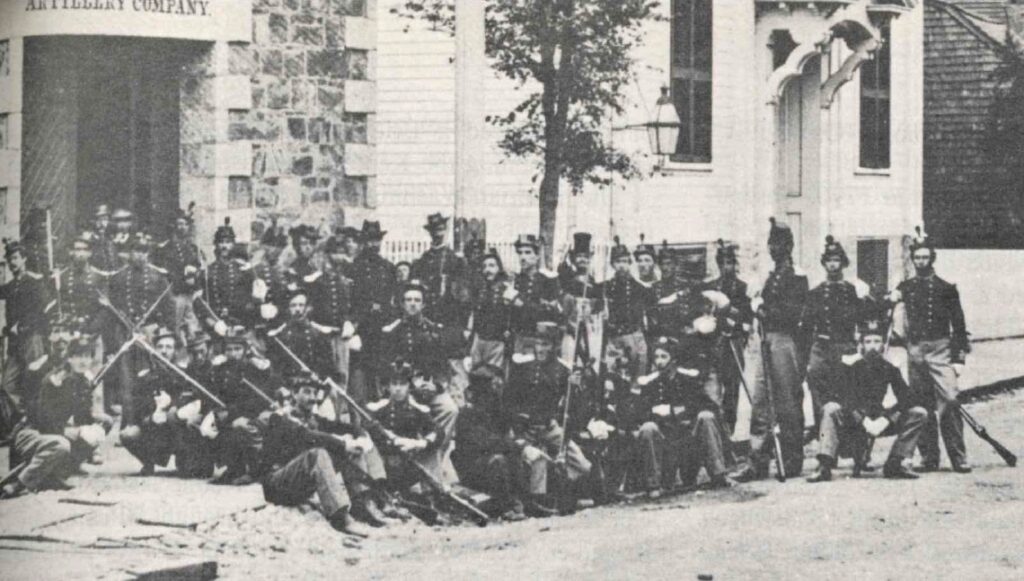 Black and white photograph of the Newport Artillery Company, c.1880, taken from article