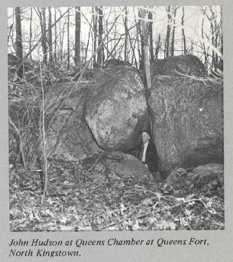 Black and white photograph of John Hudson at Queens Chamber at Queens Fort, North Kingstown, R.I., taken from article