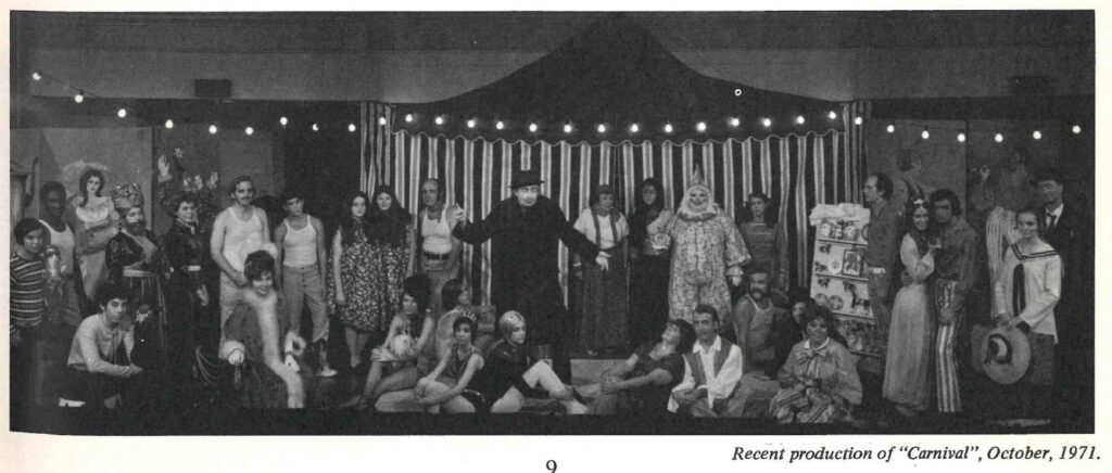 Black and white photograph of The Players in a 1970's version of "Carnival" taken from the article