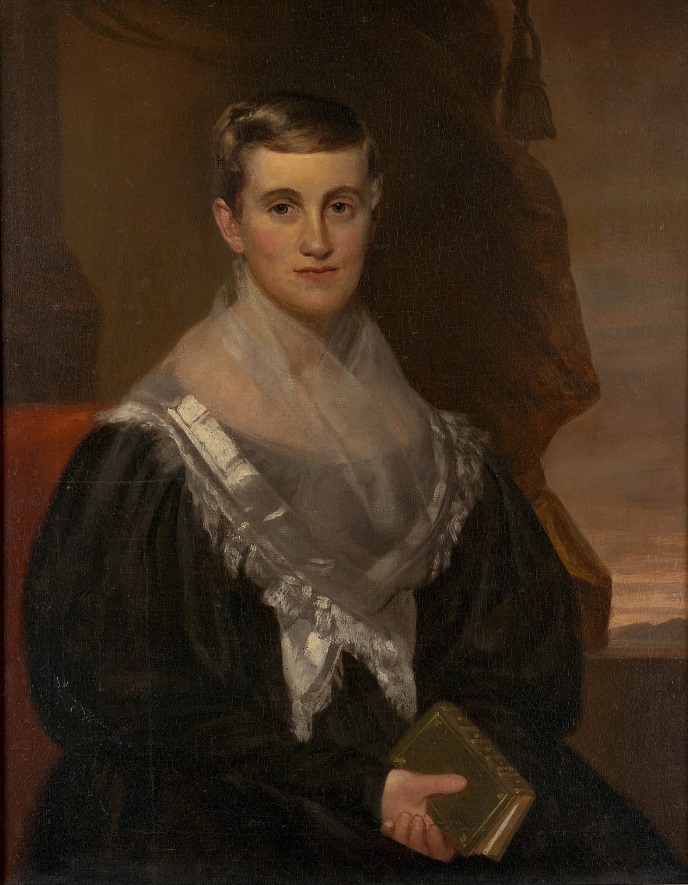 Portrait of a white woman holding a book, Prudence Crandall