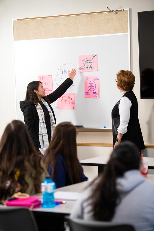 Female student presenting in front of class at a white board with female teach watching.