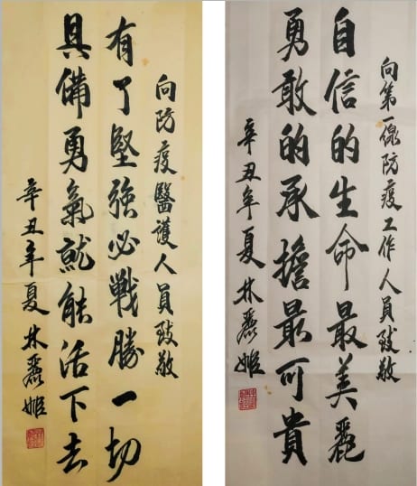 林麗姬老師行書書體，表達了對防疫第一線人員的致敬，意境優美。（圖/林麗姬 提供）