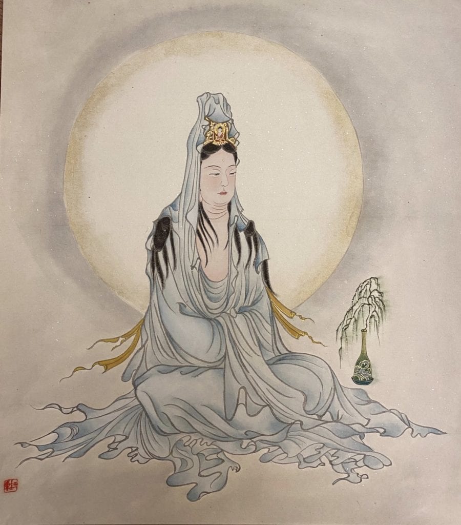 黃鈺惠老師繪製「楊柳觀音」佛像畫作品,意喻觀世音菩薩為眾生驅除苦難消災除病之祈念。(圖/黃鈺惠 提供) 黃鈺惠老師繪製「楊柳觀音」佛像畫作品,意喻觀世音菩薩為眾生驅除苦難消災除病之祈念。(圖/黃鈺惠 提供)
