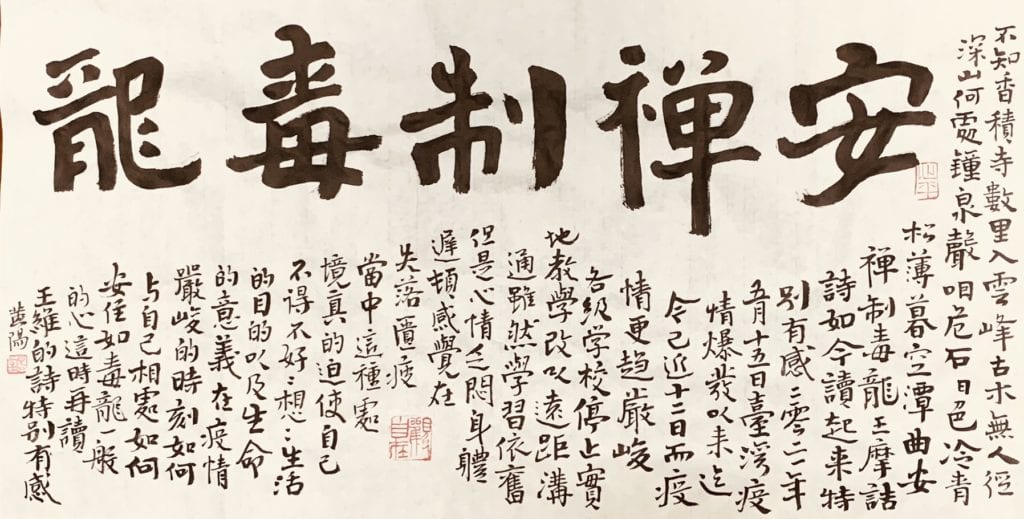 黃智陽院長以書體王維「安憚制毒龍」詩來對應現況頗有所感，並強調生活的目的與生命意義的自處深義，頗能發人深省。（圖/黃智陽 提供）