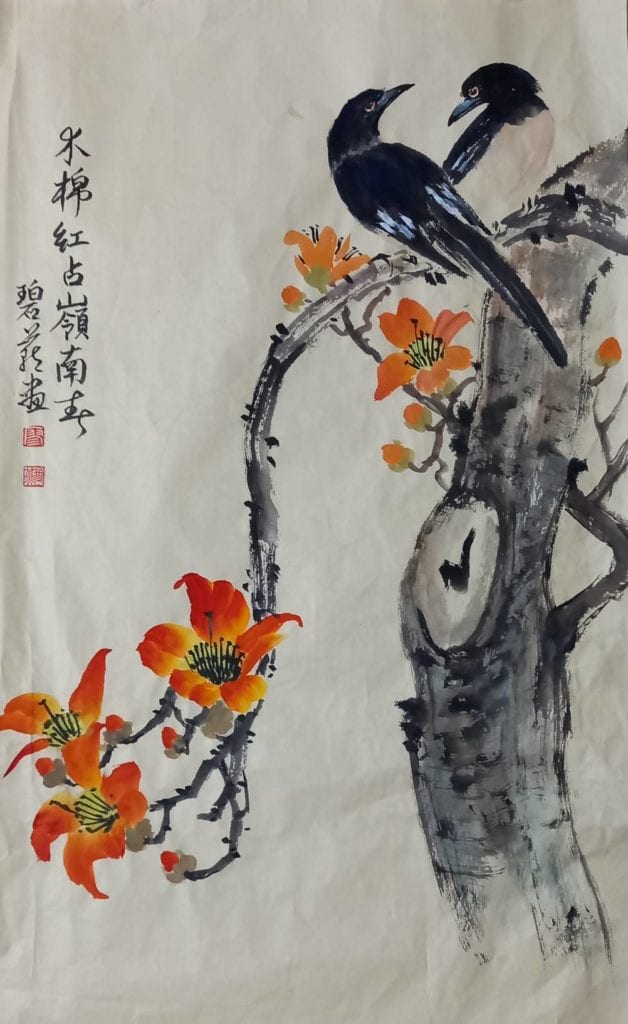 廖碧燕老師的作品「英雄樹」，表達大家多珍惜身邊的人與幸福，畫作呈現深邃的涵意。（圖/廖碧燕 提供）