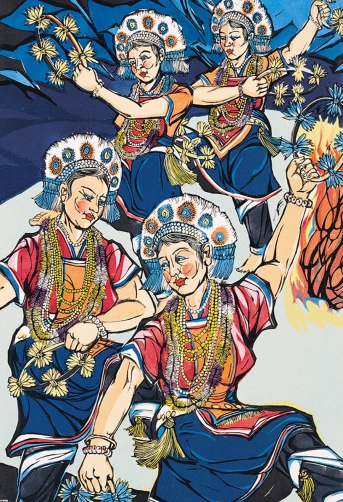 林智信的作品「台灣阿美族舞」，有著炫麗繽紛的色彩描繪。（圖/史博館 提供）