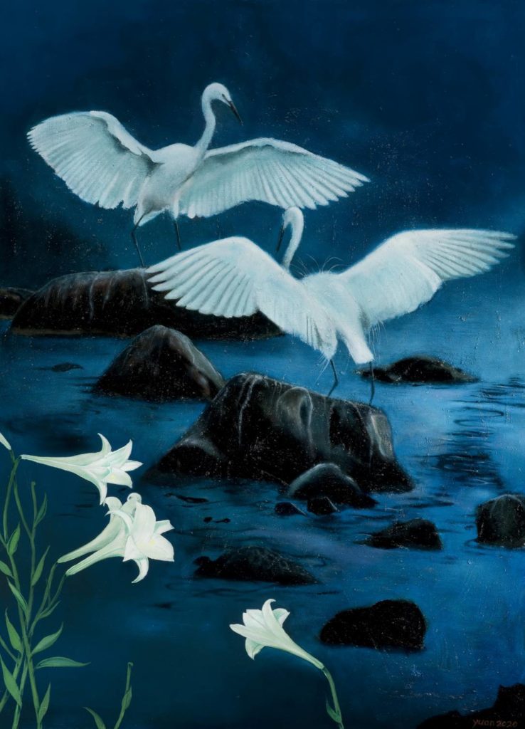 張淵以白鷺鷥為主角創作，喚醒人們對自然生態的重視。
