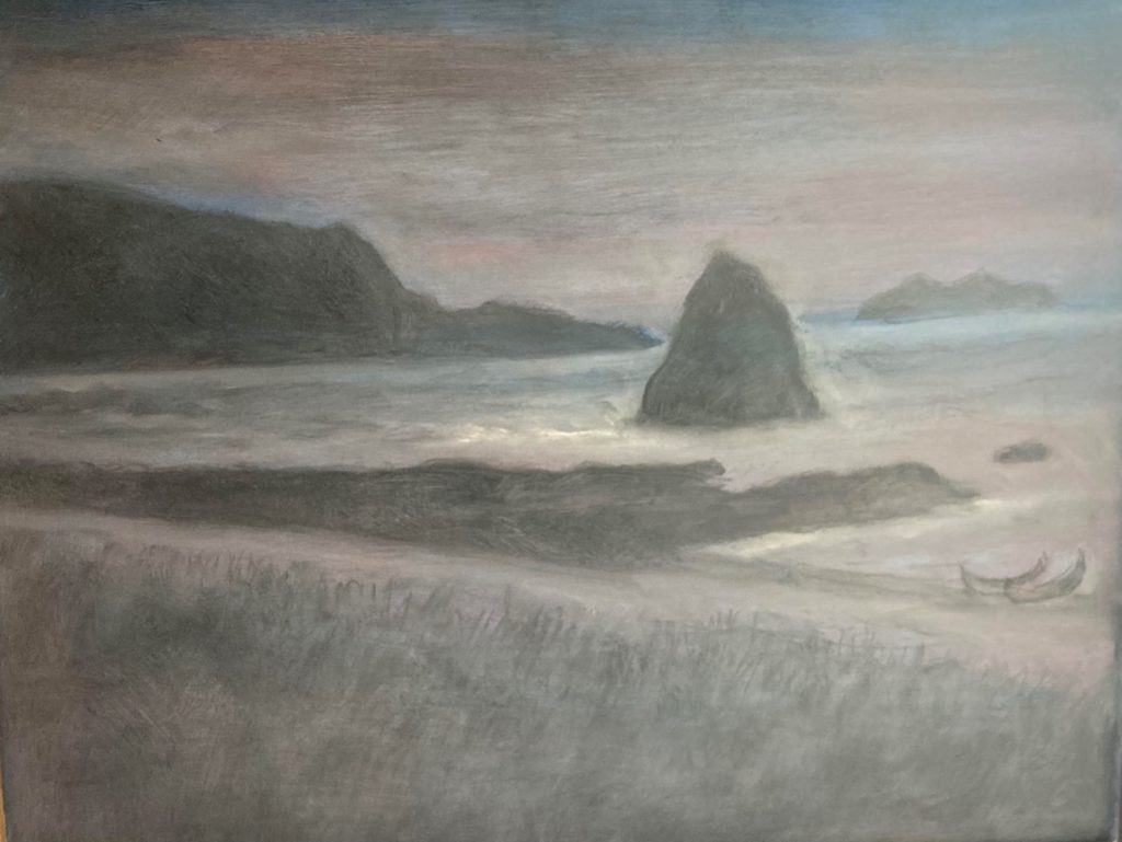 陳景容油畫創作「蘭嶼風景」。