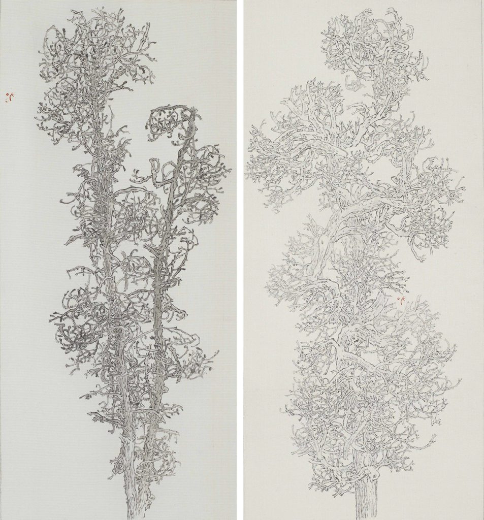 柯偉國，共生之蕐03（左）、共生之蕐09（右），水墨絹本，皆為50×22.5cm，2018、2019（圖/藝術家提供）