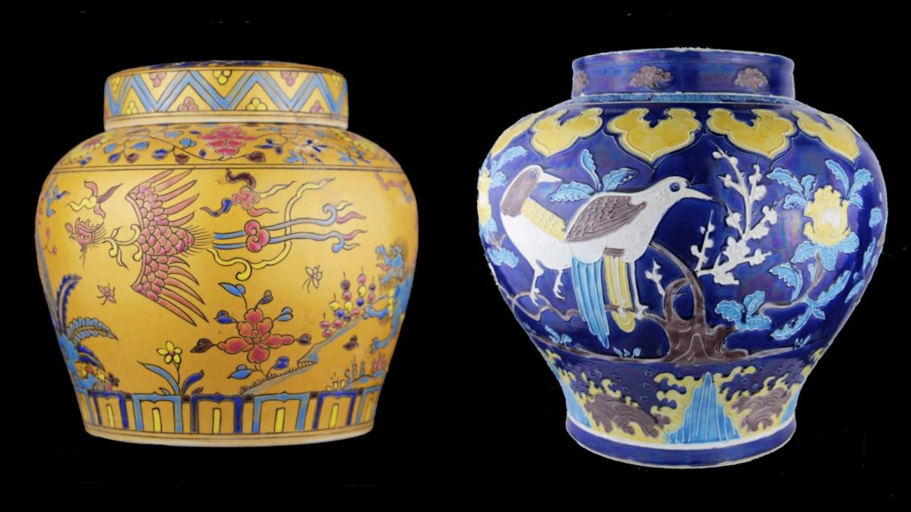曾國良老師的古物典藏品大明成化素三彩天字罐（左）與元明琺華瓷罐，展現貴氣逼人的氣勢。（圖/曾國良 提供）