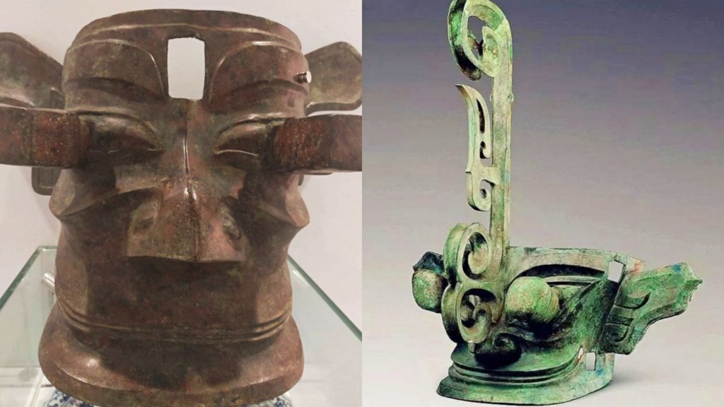 曾國良老師精心收藏的商朝三星堆青銅器古物大面具（左）與大面具鼻樑上的叩件，頗為稀有罕見。（圖/曾國良 提供）