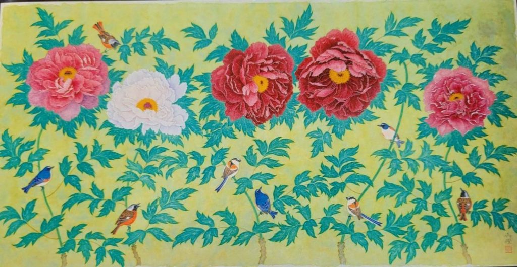 姚旭燈最新畫作的120號「富貴開花」,以3840萬日幣高價賣出,創下難得的新紀錄。(記者 辛澎祥/攝)