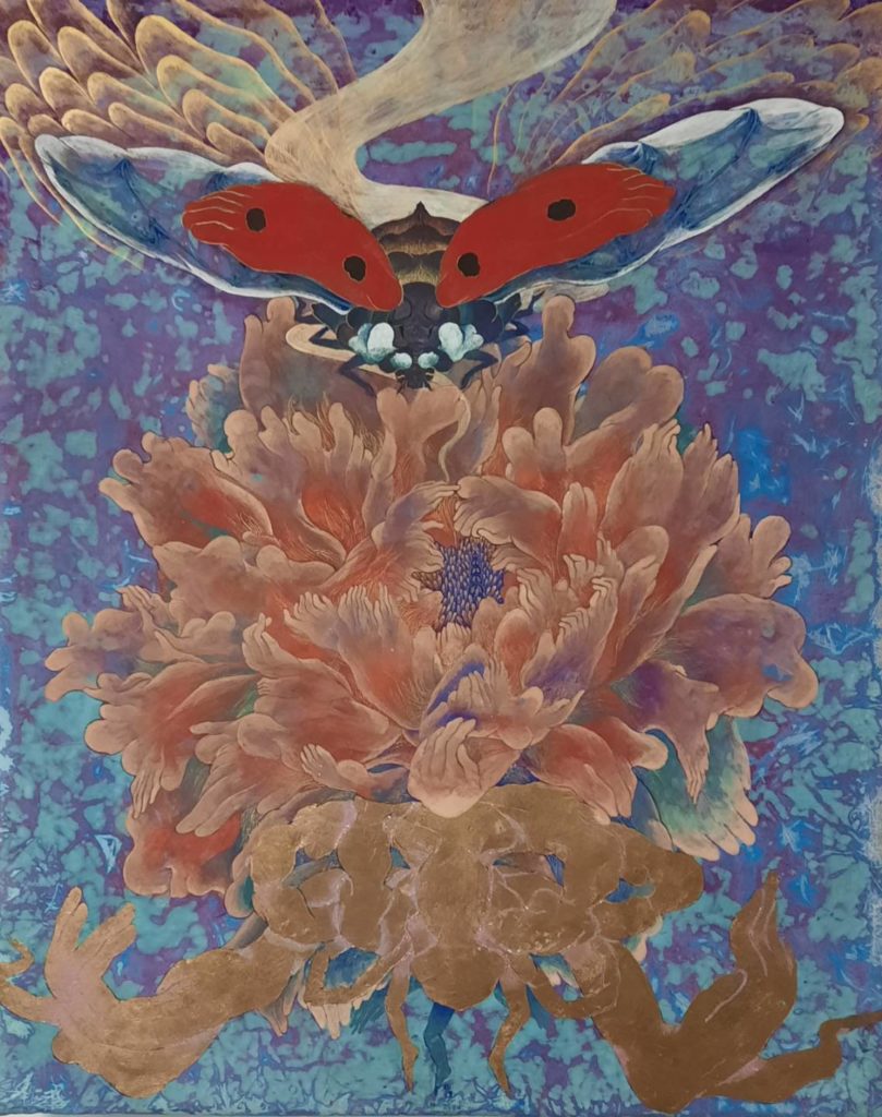 ▲《一瓢杜丹》,膠彩、壓克力、麻布,50x40cm 2020(圖/郎亞玲攝影) ▲ 《一瓢杜丹》,膠彩、壓克力、麻布,50x40cm 2020(圖/郎亞玲攝影)