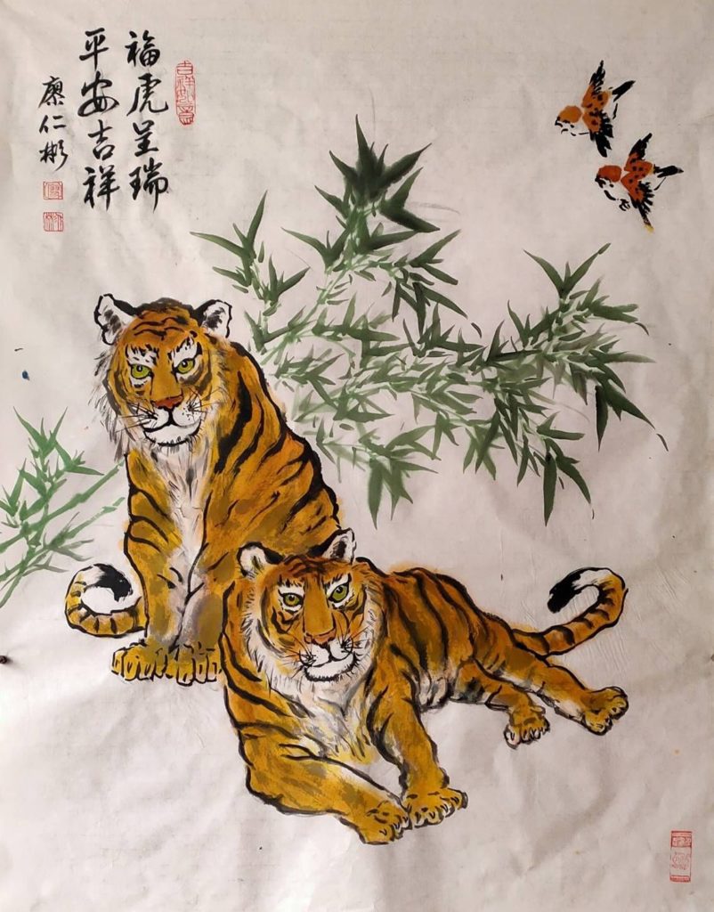 廖仁彬老師的福虎呈瑞的虎家威風繪圖，別有情愫對應的形貌。（記者 辛澎祥/攝）