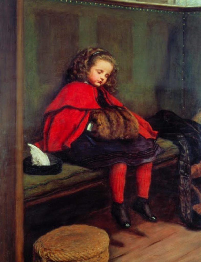 英國畫家米萊作品「第二次說教」。註：「初次說教」，她聽得專注緊張。「第二次說教」，她睡著了。（圖/林淑珠 提供）