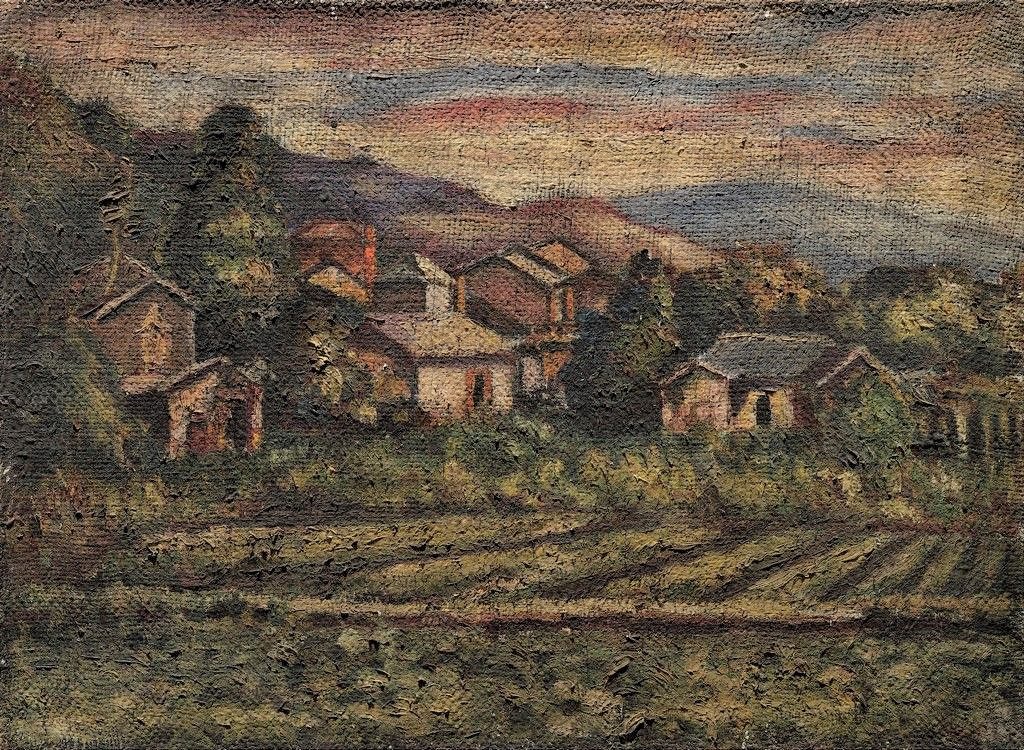 李梅樹的油畫作品「寧靜的村落」。