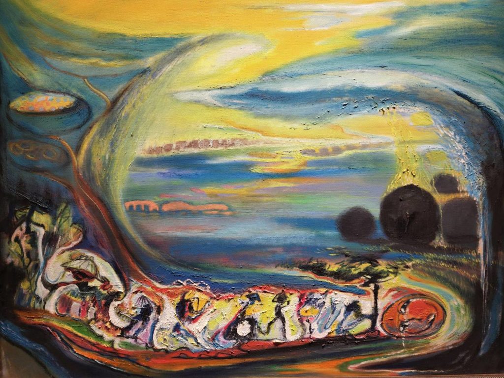 李錫佳作品「故鄉之夢」隱含著他對故鄉憶往情懷的懸念，畫境呈現絲絲入扣。（記者 辛澎祥/攝）