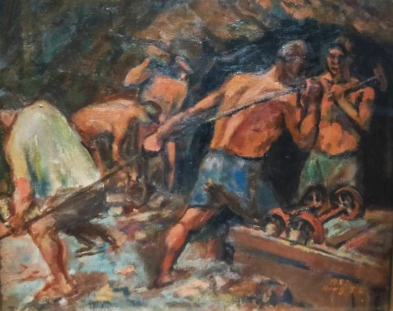 洪瑞麟一系列以礦工為繪畫主題的作品，樹立了他專注創作的形象。（記者 辛澎祥/攝）