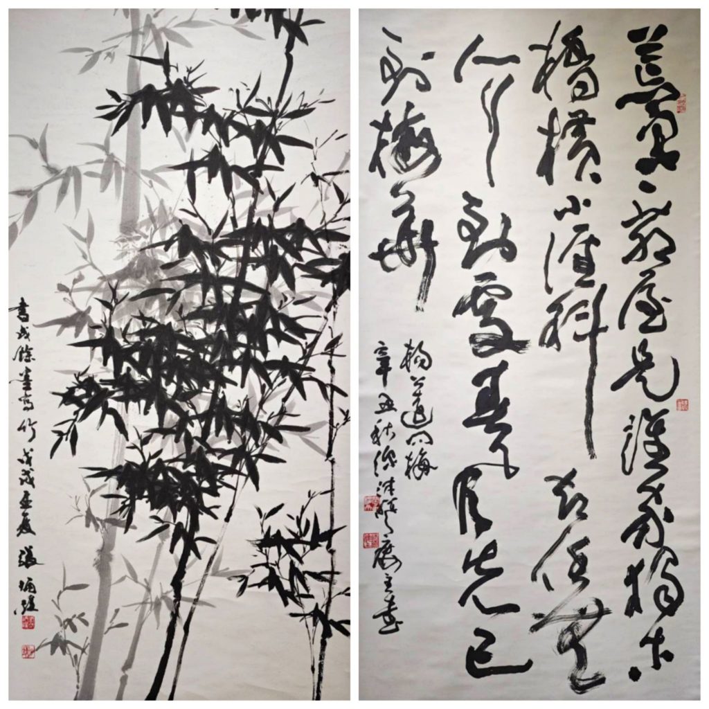 書畫家張炳煌（左）與張穆希的作品，在展場成為矚目焦點。（記者 辛澎祥/攝）