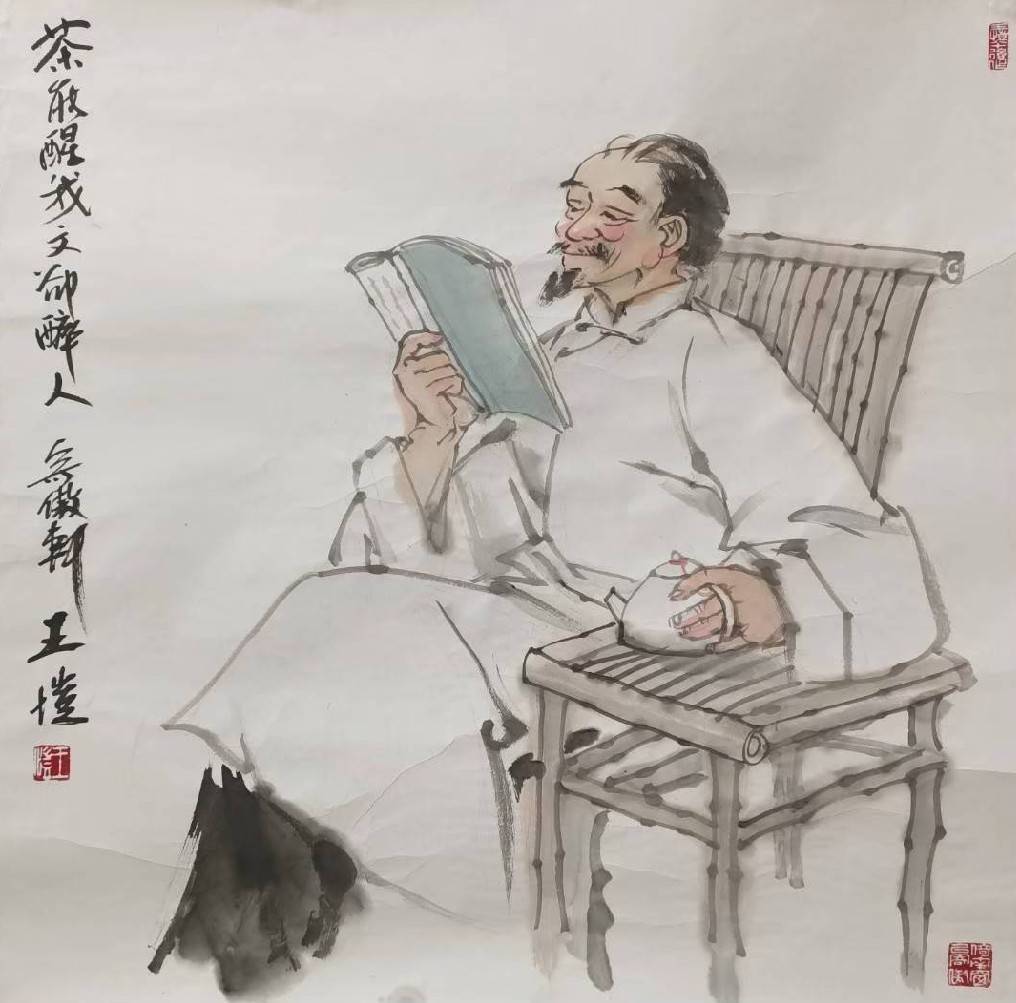 ▲王愷的畫作「品茶讀書圖」。以茶文化相關的書畫來營造品茶吃茶空間的清雅情境。（圖/林淑珠 提供）